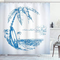Ambesonne Surf Shower Curtain, Contemporary Sketch Illustration Hawaiian Beach Surfboard Palms Ocean Water, Cloth Fabric Bathroom Decor Set with Hooks, 69" W x 70" L, Blue White