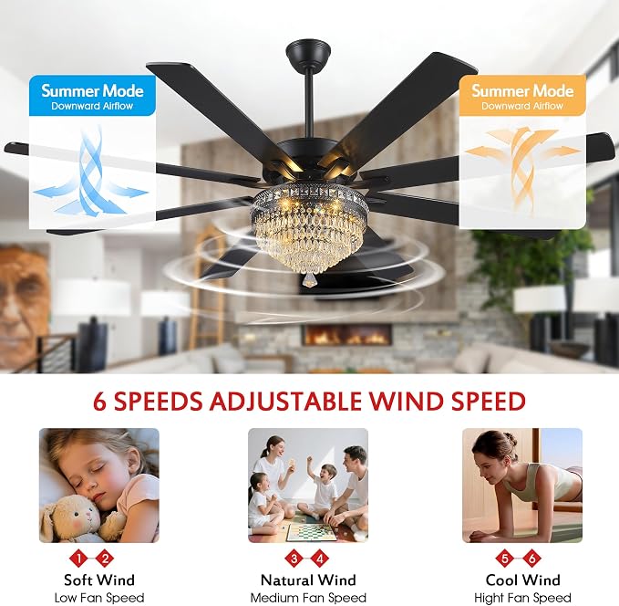 GJeg Crystal Ceiling Fan Fandelier with Lights - Outdoor Ceiling Fans with Remote Control, Farmhouse Ceiling Fan with Noiseless DC Reversible Motor,Dining Room,Living Room(72" Black)