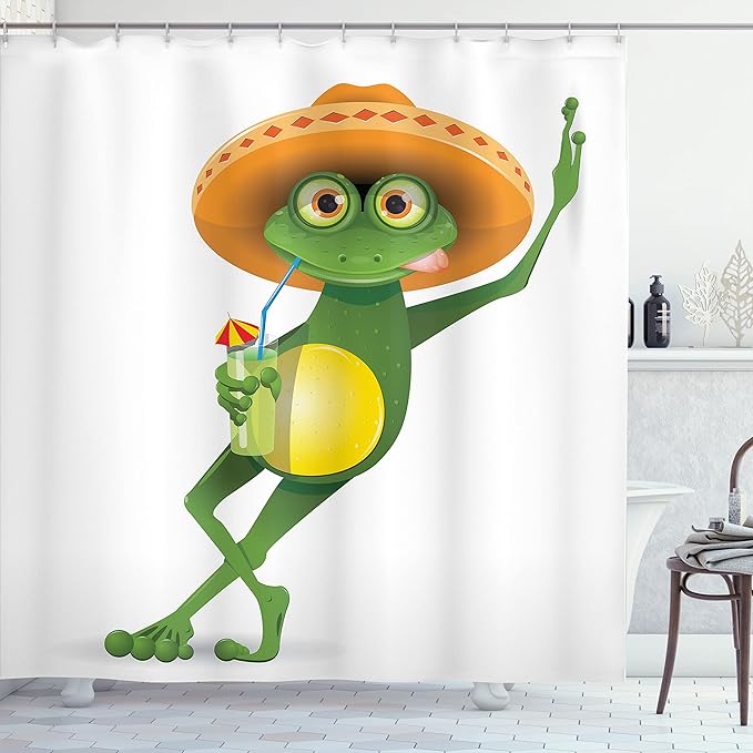 Ambesonne Cartoon Shower Curtain, Frog in a Sombrero and a Cocktail Drink Glass Fauna Hot Weather Holiday, Cloth Fabric Bathroom Decor Set with Hooks, 69" W x 75" L, Green Fern