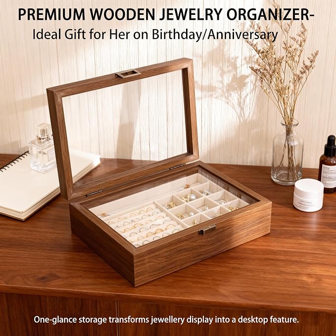 2-Layer Glass Lid Walnut Jewelry Box for Women, Vintage Style Solid Wood Jewelry Organizer and Display Case, Ideal Gift for Rings, Earrings, Necklaces & Bracelets