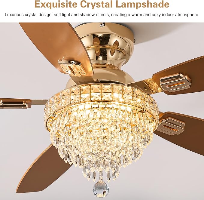 Crystal Ceiling Fan Fandelier with Lights-Ceiling Fans with Lights,54" Low Profile and Remote Control, Flush Mount, Reversible, Dimmable, Noiseless,Gold Ceiling Fan for Bedroom
