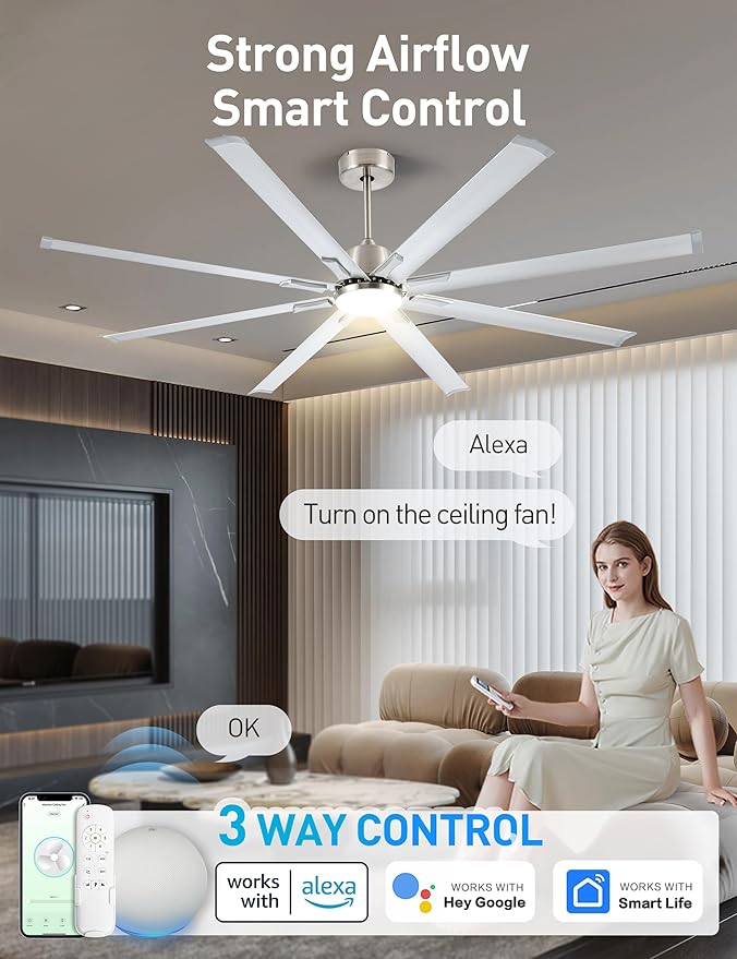 Minislak 72 Inch Ceiling Fan with Light,Industrial Ceiling Fan with 8 Black Aluminium Blades,Smart Fan Compatible with Alexa,Garage Outdoor Indoor Fan for Patio and Living Room