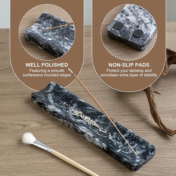 Marble Incense Holder Burner-Natural Stone Stick Incense Tray with Ash Catcher，20 Sticks & Brush - Elegant Decor for Meditation, Yoga, Home,Gift (Black)