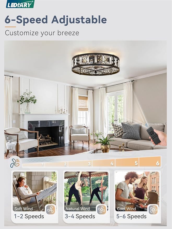 LEDIARY 20" Caged Ceiling Fans with Lights,Flush Mount Vintage Victorian Rustic Crystal Fandelier,Low Profile Farmhouse Enclosed Ceiling Fan with Light and Remote for Bedroom,Kitchen,Indoor(Black)