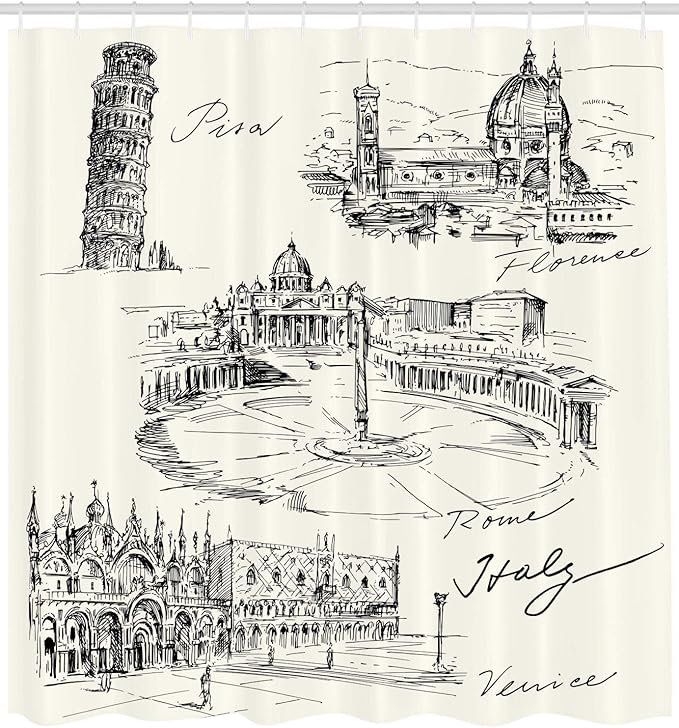 Ambesonne Sketchy Shower Curtain, Travel The World Themed Historical Italian Landmarks Venice Rome Florence Pisa, Cloth Fabric Bathroom Decor Set with Hooks, 69" W x 75" L, White Charcoal Grey