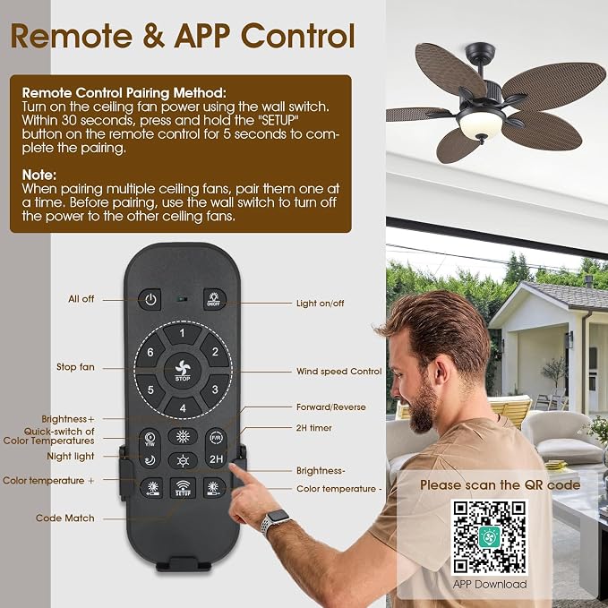 Wiviniya 50 Inch Tropical Ceiling Fans with Lights, Palm Leaf Waterproof Outdoor Ceiling Fan for Patios Porch, Remote/APP Control, Wet Rated, Glass Lampshade, Quiet DC Motor, Dimmable LED, Dark Brown