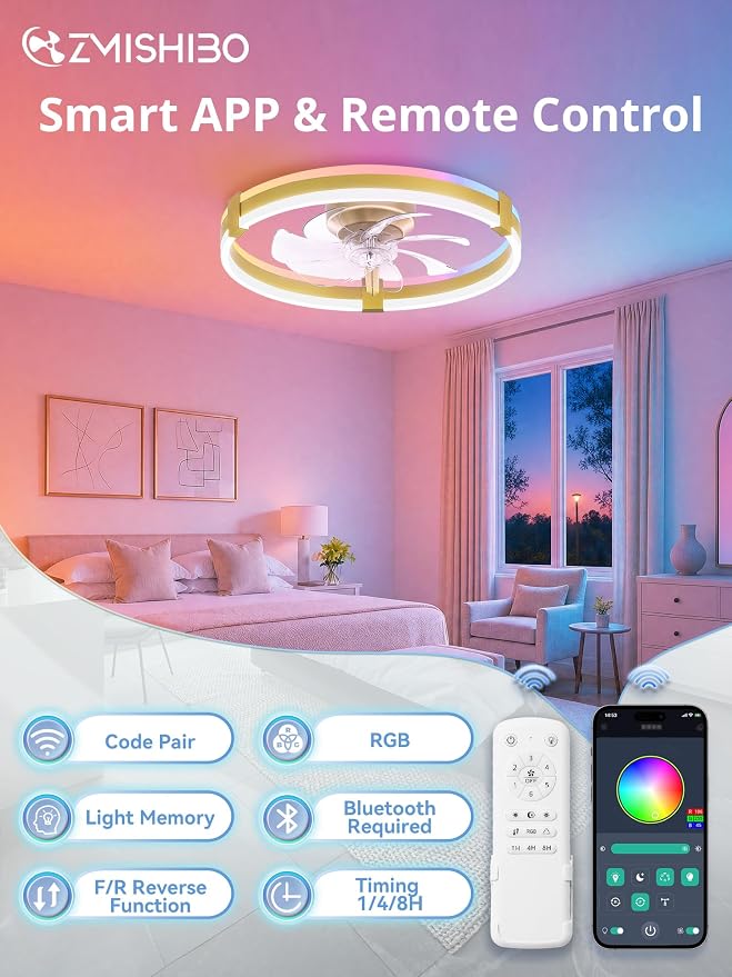 ZMISHIBO RGB Ceiling Fans with Lights and Remote, 20 inch Low Profile Ceiling Fan with Light, 3000K-6000K Dimmable & RGB, Modern Fandelier Flush Mount Ceiling Fan, Small LED Fan for Bedroom,Gold