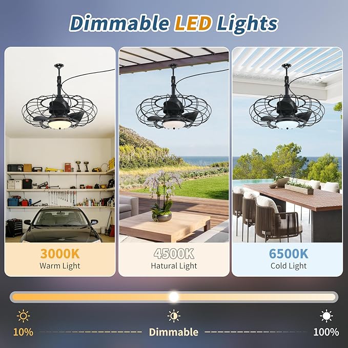 AHAWILL Outdoor Ceiling Fan with Light,20in Gazebo Fan with Remote and APP, 6 Speed,Dimmable 3 Color,Waterproof Cage Fan for Patio,Porch, Pergola,Canopy (dark black)