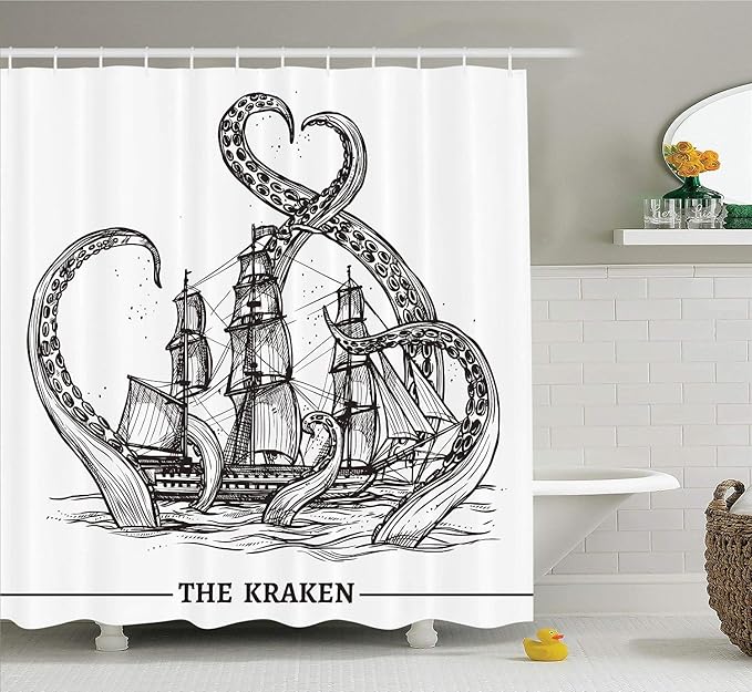 Ambesonne Nautical Shower Curtain, Octopus Catches Old Sail Ship Monster Adventure Story Themed Artwork, Cloth Fabric Bathroom Decor Set with Hooks, 69" W x 70" L, Grey White