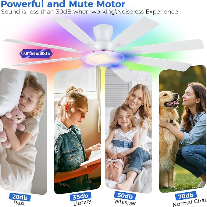 Ayaoty Ceiling Fans with Lights - 60in Flush Mount Ceiling Fan with RGB Dimmable, 3CCT 6 Wind Speeds and Reversible Quiet Motor, Low Profile RGB Fan Light for Modern Indoor, Party - White