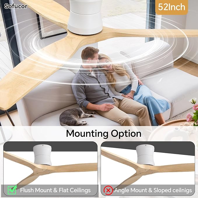 Sofucor 52" Solid Wood Ceiling Fan No Light, Low Profile Flush Mount Ceiling Fan with Remote, Outdoor Modern Ceiling Fan 6-Speed Timing Reversible DC Motor Noiseless for Living Room Bedroom Patio