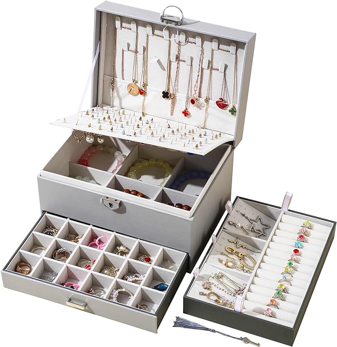 BOOVO Large Jewelry Boxes For Women (grey) | 5 Layers Jewelry Organizer Box With Cosmetic Storage Drawer, Necklace Ring Jewelry Organizer Box
