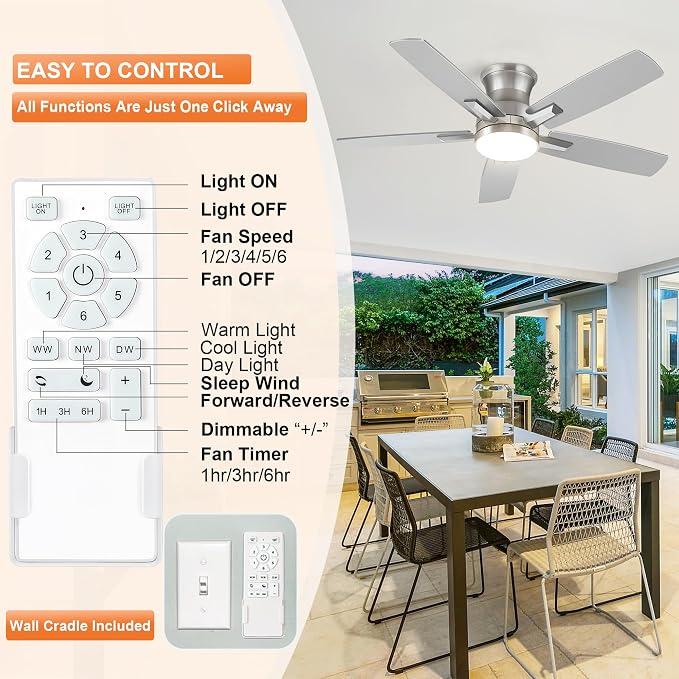 42 Inch Flush Mount Brushed Nickel Ceiling Fan with Light and Remote Control.Noiseless,Dimmable,3CCT,6 Speeds Reversible, Low Profile DC Ceiling Fans for Indoor or Covered Outdoor Use,ETL Listed
