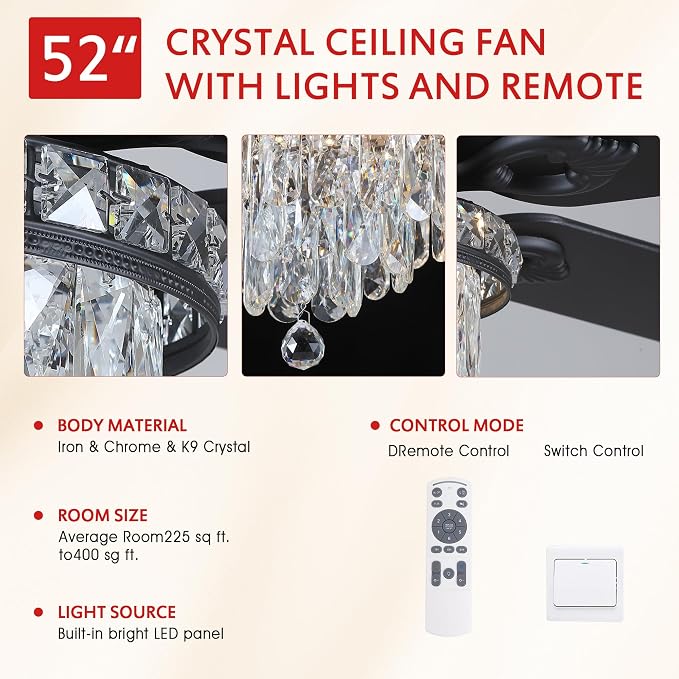 GJeg Crystal Ceiling Fan Fandelier with Lights-Ceiling Fans with Remote Control,Modern Ceiling Fan with Noiseless DC Reversible Motor,Dining Room,Living Room(52" Black)