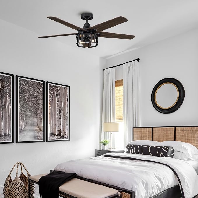 52 Inch Industrial Farmhouse Ceiling Fans with Lights and Remote Control, Quiet Reversible Motor & 5 Dual-Finish Blades, Indoor/Outdoor Ceiling Fan for Living Room Bedroom