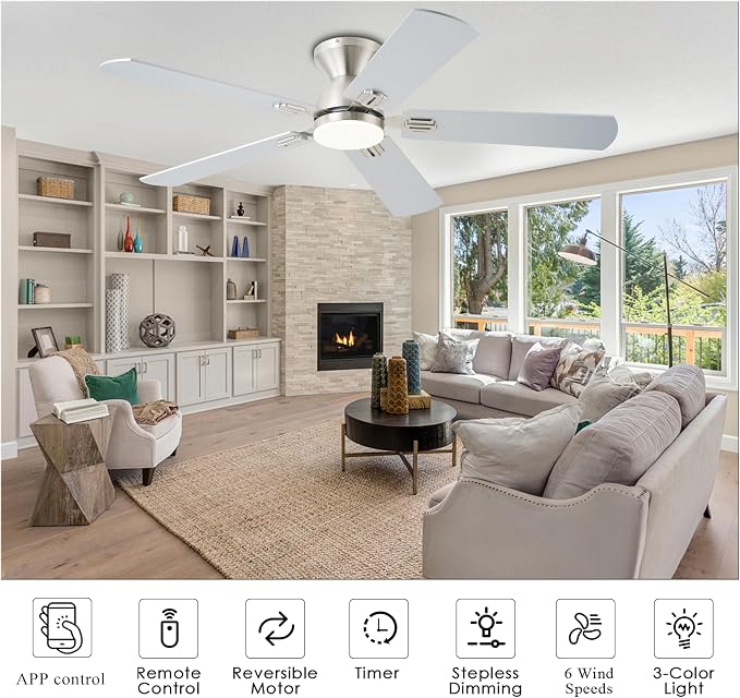 KNUN Ceiling Fan with Light,52 Inch Low Profile Ceiling Fans with Remote Control and App,3 Color Dimmable LED, 6 Speeds DC Reversible,Noiseless, Flush Mount Ceiling Fan for Bedroom, Patio