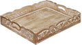 COTTON CRAFT Hand Carved Wooden Serving Tray - Breakfast Tray with Handles | White Wash Finish Decorative Dinner Tray - Rustic Intricately Detailed Unique Furnishing Accent - Food Tray - 17x13x2.75 Inch