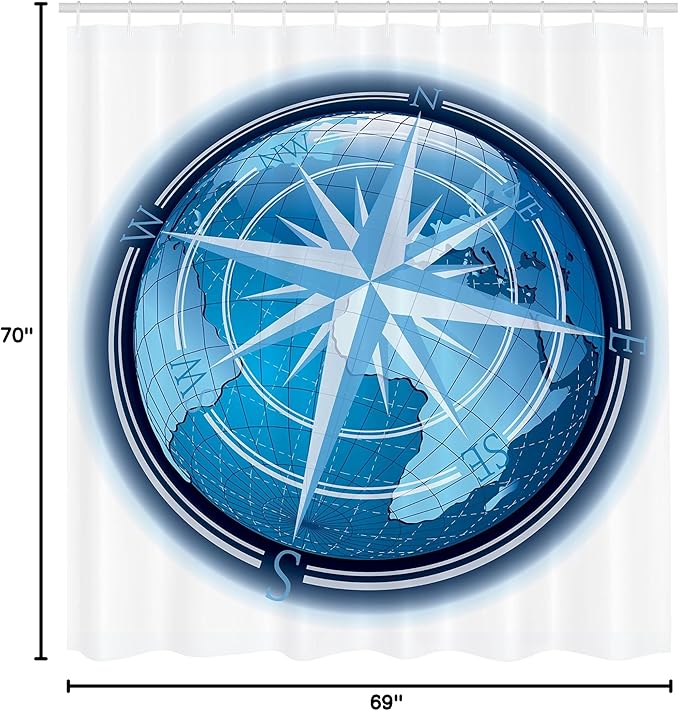 Ambesonne Compass Shower Curtain, Abstract Composition with Globe and Windrose Continents Ocean Modern Illustration, Cloth Fabric Bathroom Decor Set with Hooks, 69" W x 70" L, Navy Blue