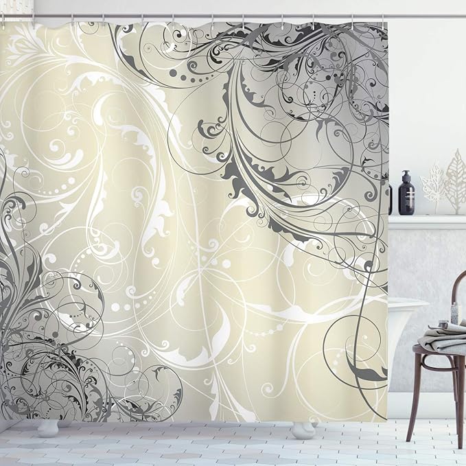 Ambesonne Floral Shower Curtain, Baroque Swirled Branches Curved Flower Leaves Shabby Form Nature Pattern, Cloth Fabric Bathroom Decor Set with Hooks, 69" W x 75" L, Eggshell White
