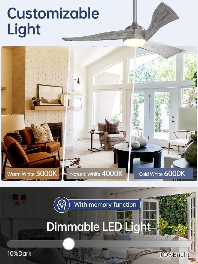 Sofucor 52 Inch Ceiling Fans with Lights and Remote, Modern Outdoor Indoor Ceiling Fan 3 Solid Wood Blades, Dimmable 3-Color LED with Memory, Timer & Quiet & Reversible DC Motor, Brushed Nickel&Gray