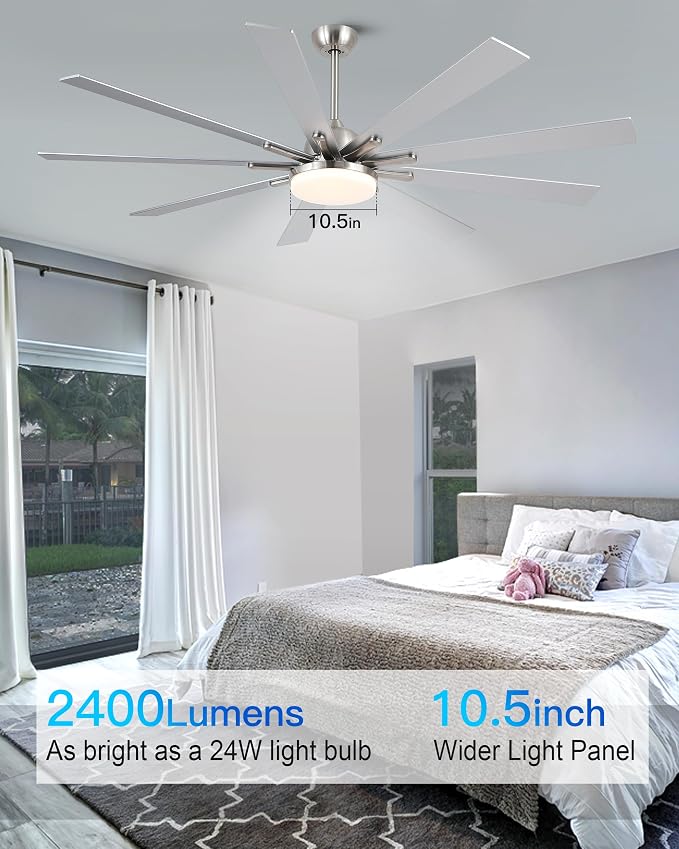 POCHFAN 72 Inch Ceiling Fans with Lights,Large Modern Ceiling fan with Remote and 9 Wooden Blades,Dimmable,6 Speeds,Noiseless Reversible Indoor&Outdoor Fan for Bedroom,Patio,Living Room