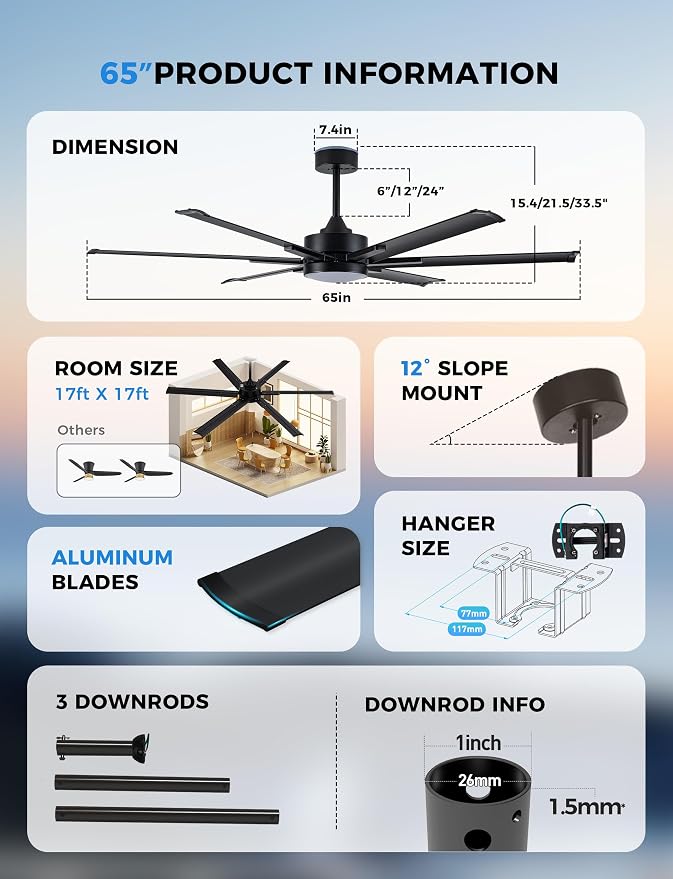 65 Inch IP64 Smart Aluminum Ceiling Fan with light, Alexa Voice Control | Durable PC Light Cover,6 Metal Black Blades and Up to 9110 High CFM Airflow,DC Motor for Outdoor Covered Patios Ceiling