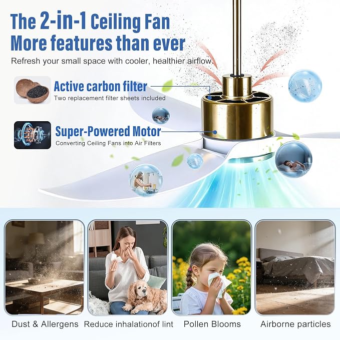52 Inch White Gold Ceiling Fan with Light, 3 Blades Fan with Filter for Pet Home, High CFM Quiet DC Motor Fan with Remote Control for Living Room and Bedroom