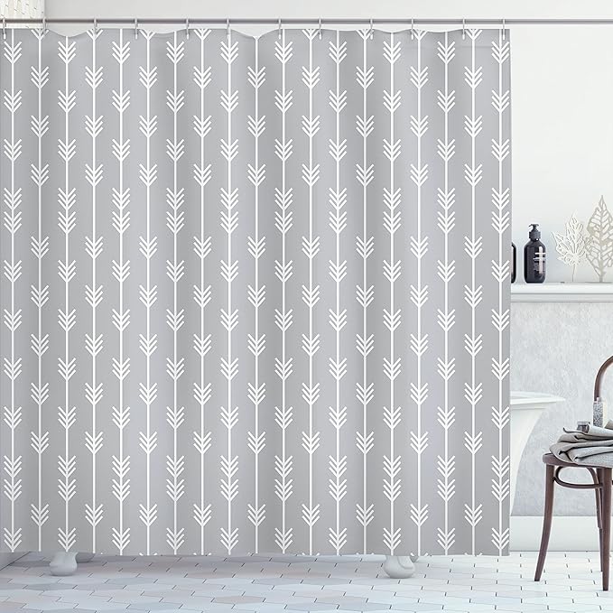 Ambesonne Arrows Shower Curtain, Minimalistic Look Classic Continuous Shapes Geometric Pattern Monochromatic Bohemian Art Image, Cloth Fabric Bathroom Set with Hooks, 69" W x 70" L, Grey and White