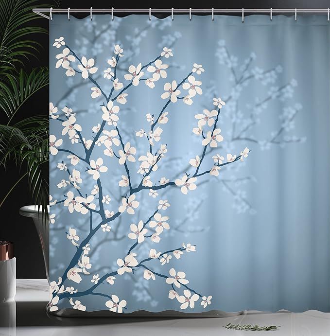 Ambesonne Japanese Shower Curtain, Spring Season Sakura Bloom Design Romantic Cherry Blossom on Blurry Branches, Cloth Fabric Bathroom Decor Set with Hooks, 69" W x 84" L, Blue Grey Ivory