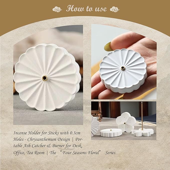 Incense Holder for Sticks with 0.3cm Holes - Chrysanthemum Design | Portable Ash Catcher & Burner for Desk, Office, Tea Room | The “Four Seasons Floral” Series