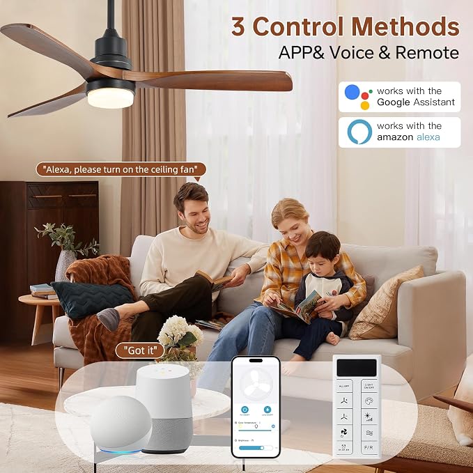 Sofucor Smart Ceiling Fan with Light, 52" Wood Ceiling Fan Compatible with Alexa/Google/App, 3-Color Light 6-Speed DC Motor Reversible Timer for Bedroom Living Room Patio Indoor Outdoor
