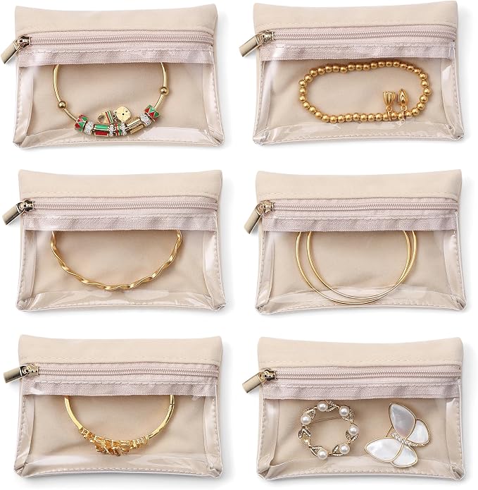 VLANDO Jewelry Travel Case,Travel Jewelry Organizer with Clear Velvet Jewelry Bags Zipper Pouch for Women Girl Gift 6Pcs