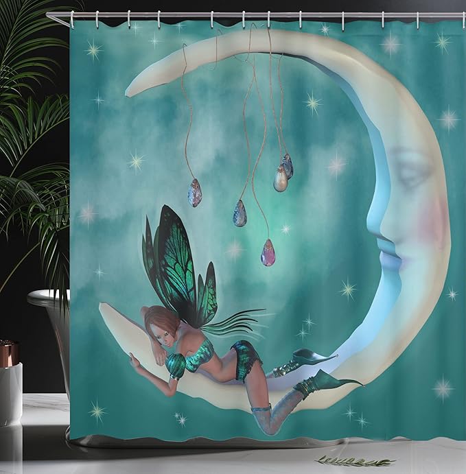Ambesonne Moon Shower Curtain, Elf with Wings Toonimal Faeire Pixie Starry Sky Cosmic Artwork, Cloth Fabric Bathroom Decor Set with Hooks, 69" W x 70" L, Teal White