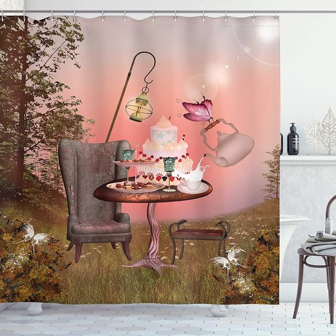 Ambesonne Surrealistic Shower Curtain, Birthday Alice in Wonderland with Cake Butterfly in Forest Cartoon Art, Cloth Fabric Bathroom Decor Set with Hooks, 69" W x 75" L, Pale Coral