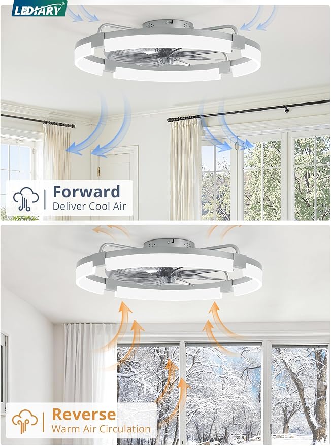 LEDIARY 24" Ceiling Fans with Lights and Remote, Modern Low Profile Ceiling Fan, 3 CCT, Stepless Dimmable, Fandelier Flush Mount Fan Light, 6 Speeds, DC Motor, App & Remote Control for Bedroom(Grey)