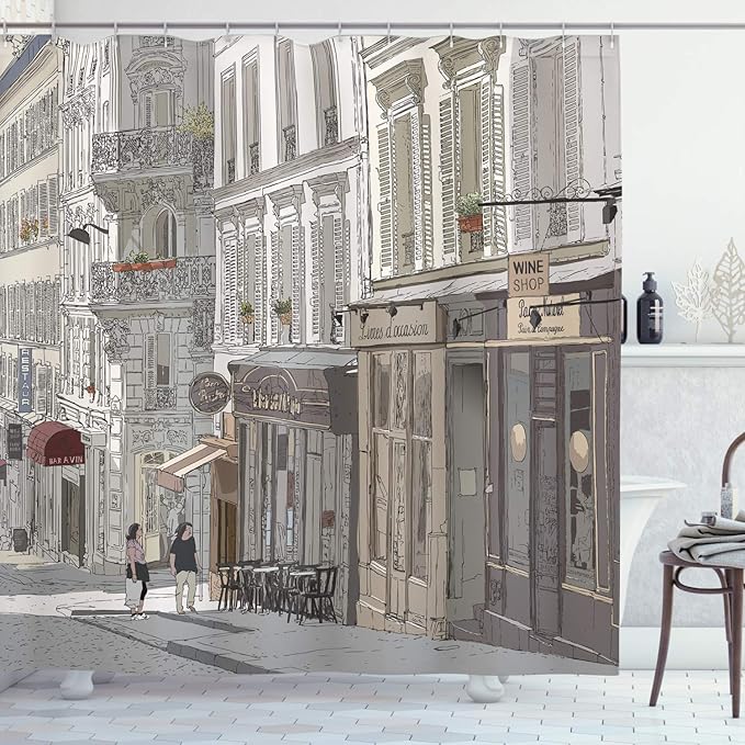 Ambesonne Paris Shower Curtain, Montmartre Paris Characteristics Honeymoon Traveling Tourists Illustration Art, Cloth Fabric Bathroom Decor Set with Hooks, 69" W x 70" L, Taupe Grey