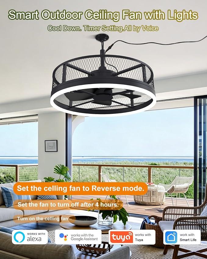 20'' Outdoor Ceiling Fan with Light, IP65 Waterproof Gazebo Hanging Fan, Remote Control, 3CCT, 6-Speed, Plug-in Caged Ceiling Fan for Patio Porch Pergola, Works with Alexa & Google Assistant