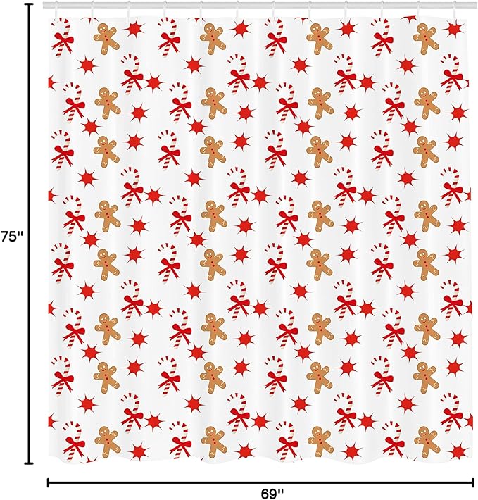 Ambesonne Gingerbread Man Shower Curtain, Candy Cane with Bowties Red Star Gingerbread Man Pattern, Cloth Fabric Bathroom Decor Set with Hooks, 69" W x 75" L, Sand Brown Orange