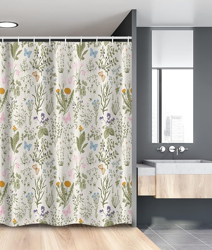 Ambesonne Floral Stall Shower Curtain, Vintage Garden Plants with Herbs Flowers Botanical Classic Design, Fabric Bathroom Decor Set with Hooks, 54" X 78", Green Orange