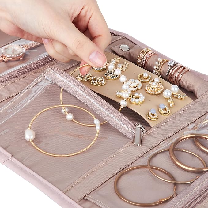 BELALIFE Travel Jewelry Case, Jewelry Organizer Roll for Accessories | Bag with foldable roll design for earrings, necklaces, rings, bracelets and brooches,Pink