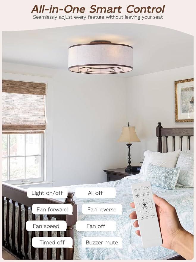 20" Brown Ceiling Fans with Lights, Boho Flush Mount Ceiling Fan with Light and Remote, Drum Fabric with 6 Speeds for Bedroom, Nursery, Living Room