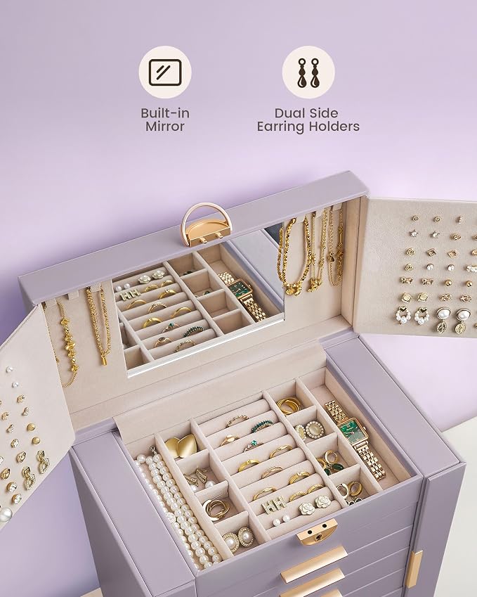 Lolalet Large Jewelry Box Organizer for Women, 7-Layer Jewelry Organizers and Storage Case with Mirror & 6 Drawers, Lockable Watch Ring Earring Bracelet Necklace Holder Girls Gift -7Layer, HazePurple
