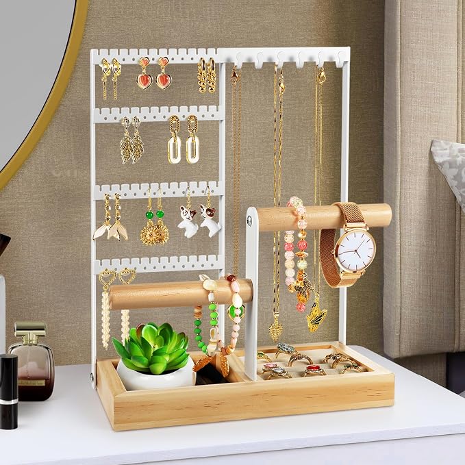 Godboat Jewelry Stand - 48 Holes Earring Holder, 4-Tier Necklace Organizer | 6 Hooks Jewelry Organizers and Storage, Bracelet Ring Rack with Wood Box, Preppy Gift Room Decor for Teen Girls Women, White