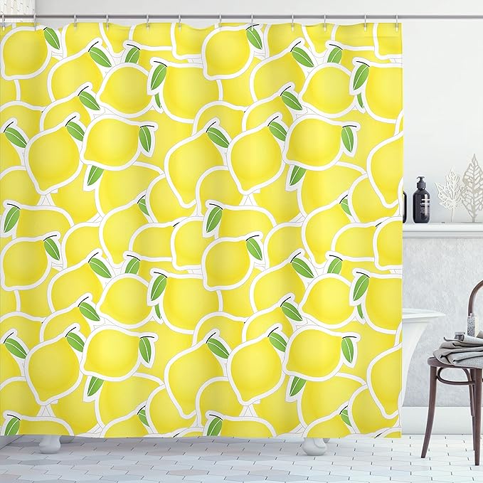 Ambesonne Yellow Shower Curtain, Bunch of Lemons Summer Citrus and Forms Nature Artprint Illustration in Paper Cutout Style, Cloth Fabric Bathroom Decor Set with Hooks, 69" W x 84" L, Green and Yellow