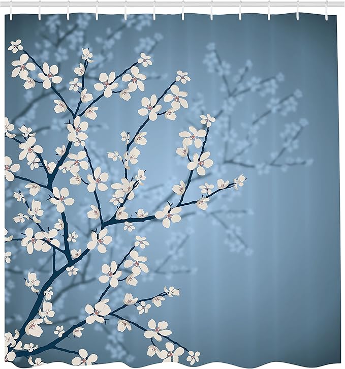 Ambesonne Japanese Shower Curtain, Spring Season Sakura Bloom Design Romantic Cherry Blossom on Blurry Branches, Cloth Fabric Bathroom Decor Set with Hooks, 69" W x 84" L, Blue Grey Ivory