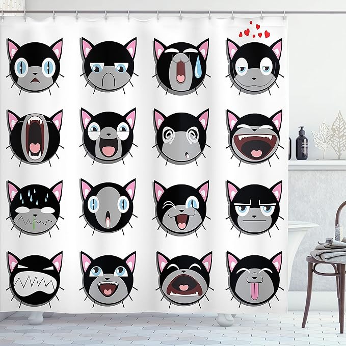 Ambesonne Cat Shower Curtain, Group of Kitten Faces Bored Angry Confused Depression Shouting Emotions, Cloth Fabric Bathroom Decor Set with Hooks, 69" W x 70" L, White Black