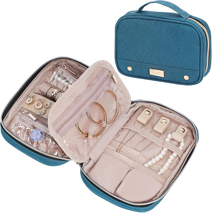 NISHEL Travel Jewelry Case Organizer, Tangle-Free Necklace Storage Bag | Stores rings, earrings, bracelets and watches in a compact case for travel and daily use, Lake-Blue, Small