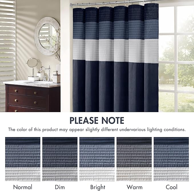 Madison Park Amherst Bathroom Shower Curtain Faux Silk Pieced Striped Modern Microfiber Bath Curtains, 72x72 Inches, Navy