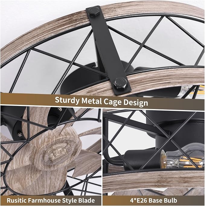 24" Farmhouse Caged Ceiling Fans with Lights Flush Mount, Rustic Low Profile Ceiling Fan with Light and Remote, Quiet Reversible DC Motor Bladeless Enclosed Ceiling Fan for Bedroom Kitchen Dining Room