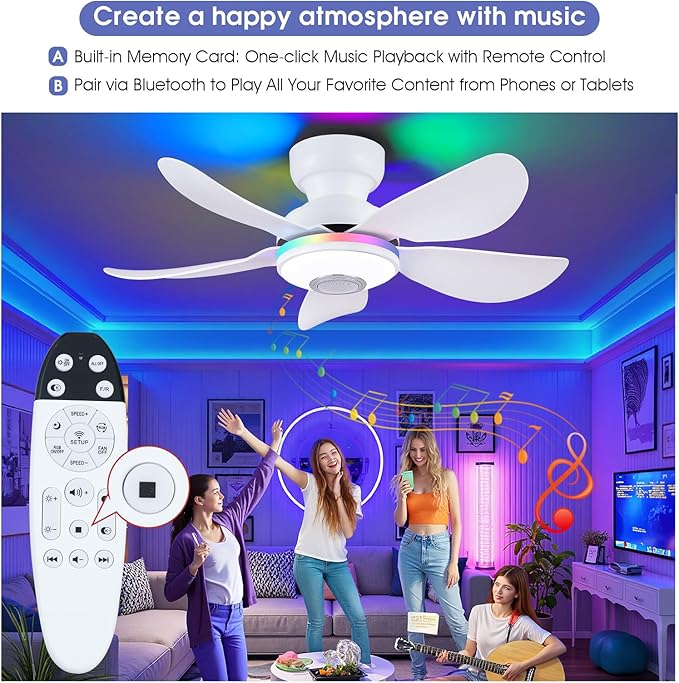 Kviflon 36 Inch White Ceiling Fan with Light, 5 Blades Flush Mount Fan with RGB & 3 CCT Dimmable Light, APP & Remote Control, Built-in Speaker, Reversible, 6 Speeds for Bedroom Living Room
